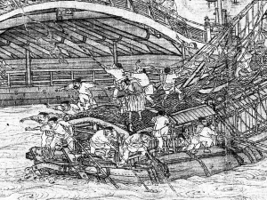 《清明上河图》局部--虹桥下漕船穿过桥孔时艄